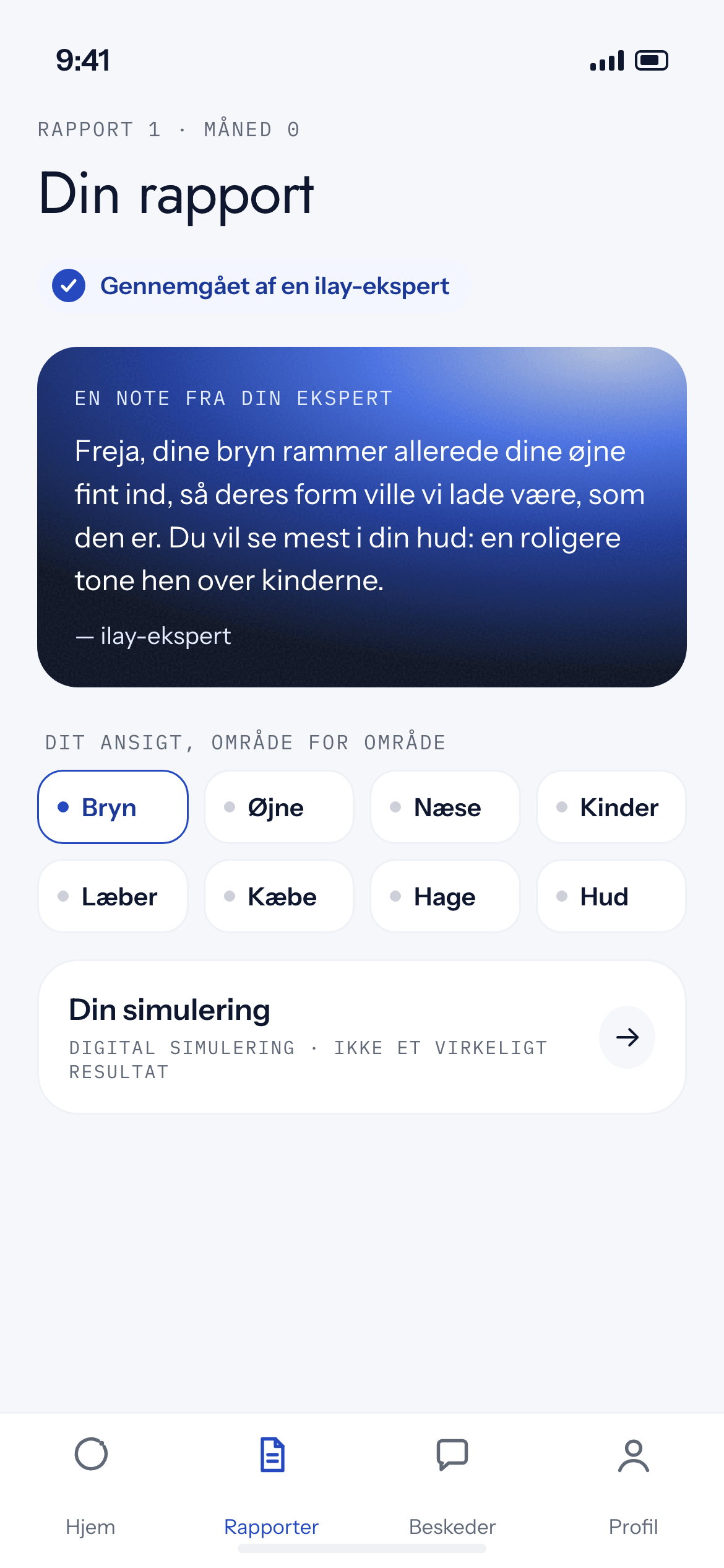 En telefon, der viser en ilay-rapport: noten fra eksperten og ansigtets områder