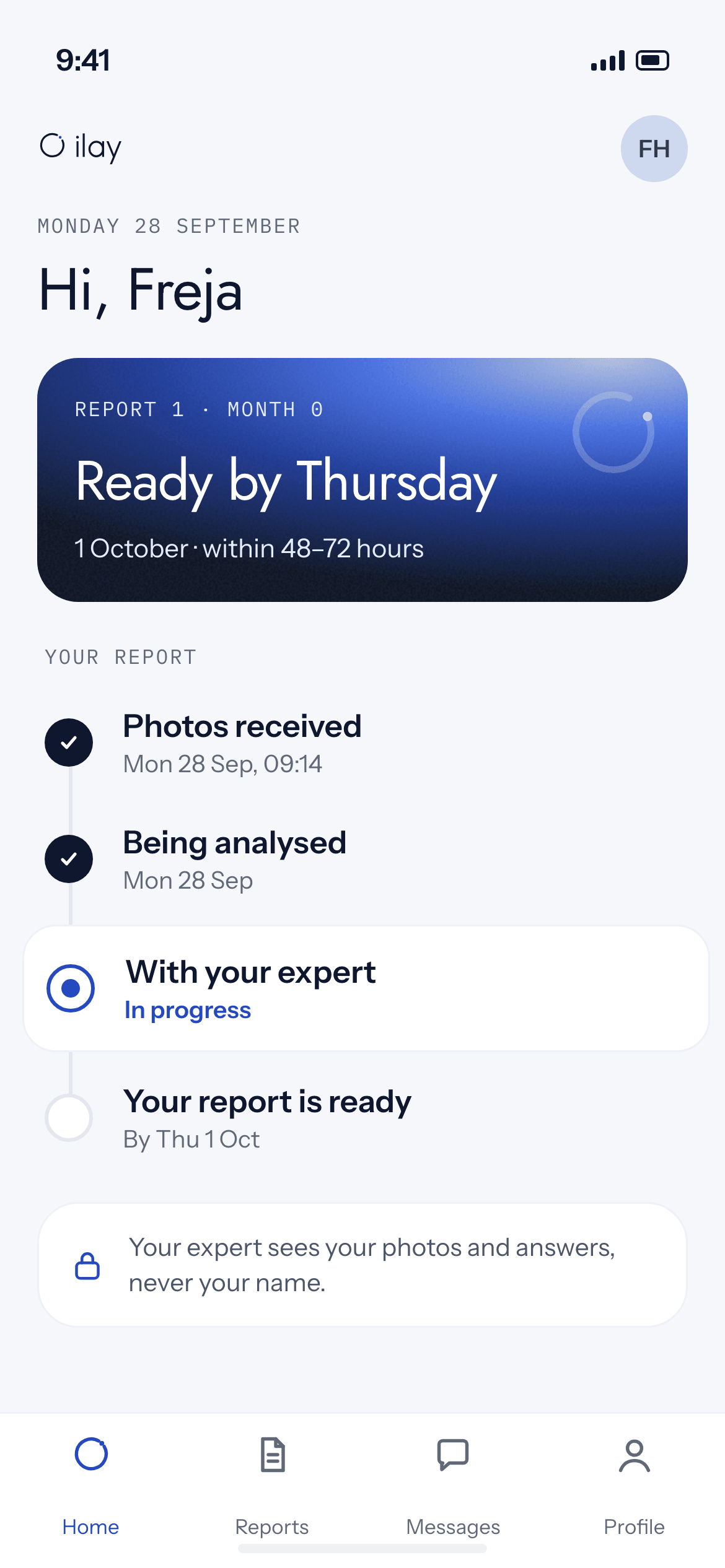 A phone showing a report with the expert, ready on Thursday